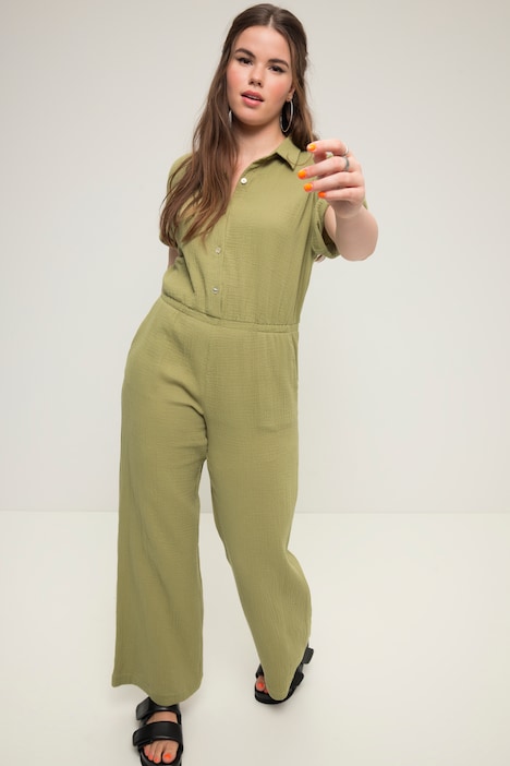 Jumpsuit, Musselin, elastische Taille, Halbarm, weites Bein