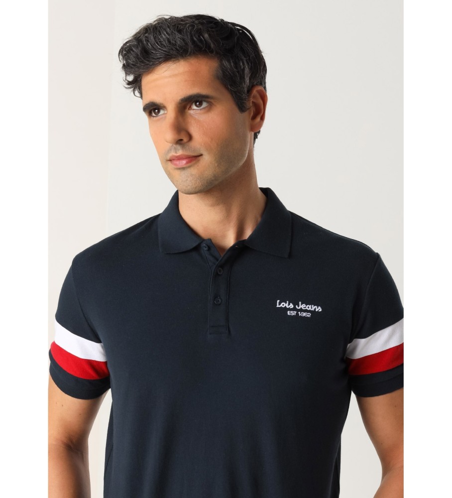 Polo Lois de manga curta com listras nas mangas azul marinho