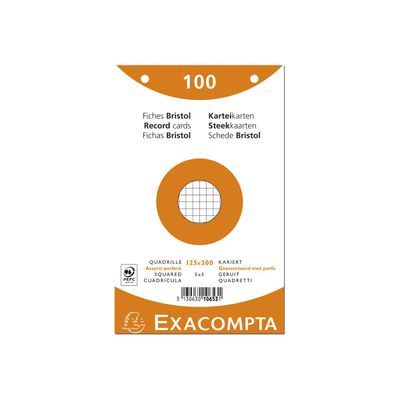 Fiches bristol quadrillées 5x5 perforées Exacompta – 125 x 200 mm – Paquet de 100 – Couleurs assorties