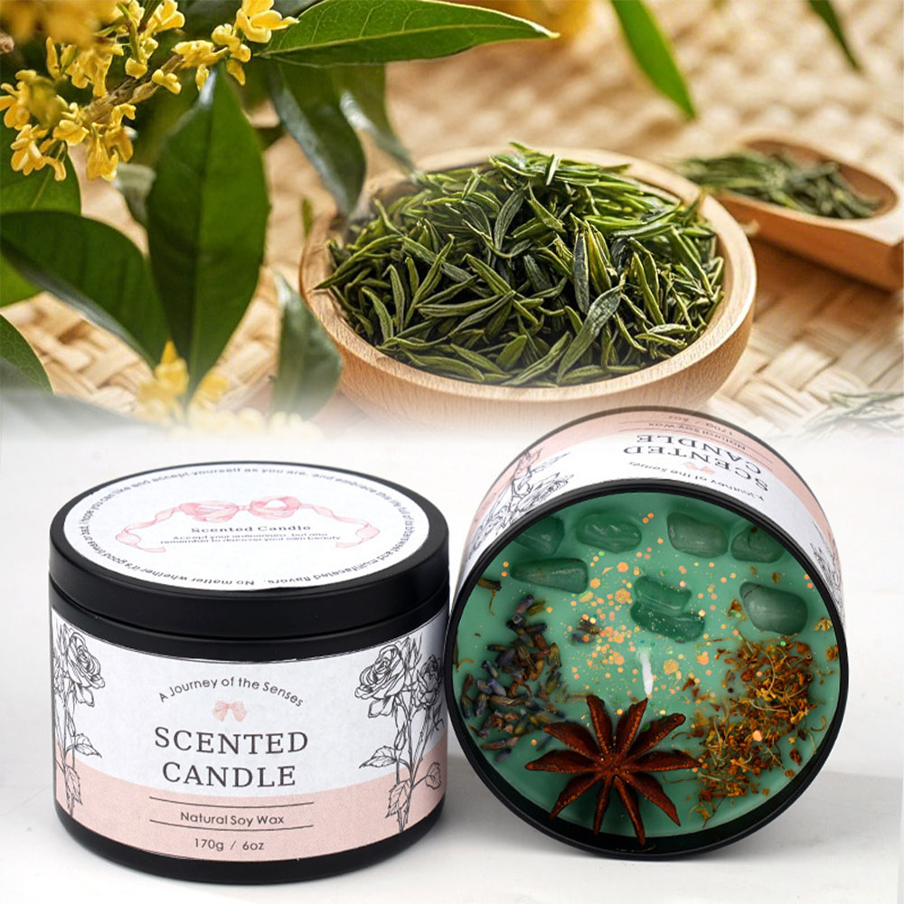 Duft Kerze in Dose Aromatherapie Sojawachs Kerze Home Deko Kristall Steine / Blumen - Grün Tee