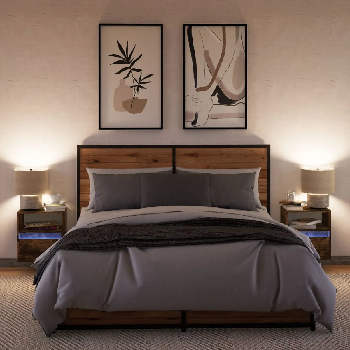 VidaXL Tables de chevet murales avec LED - Chêne fumé