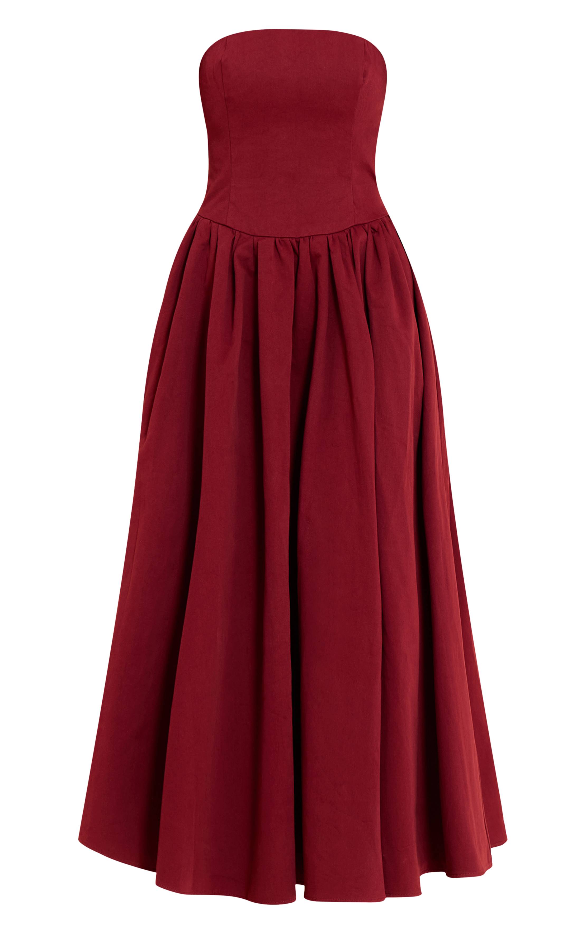 Rouge Bordeaux Robe Patineuse Mi-longue À Bandeau Froncé En Tissu Tissé