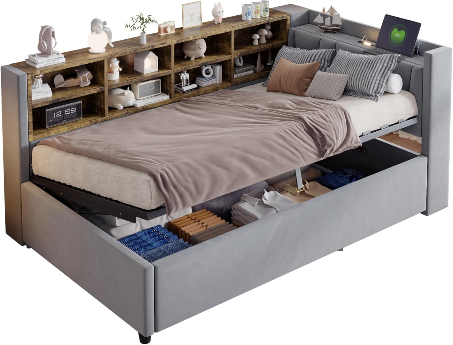 Azkoeesy Schlafsofa aus Samt 90 x 200 cm, Polsterbett mit Stauraum und Lattenrost | USB & Typ-C | Bettkasten & Staufächern | Nachtlicht | Hydraulischem Multifunktionsbett (Hellgrau, 90 x 200 cm)