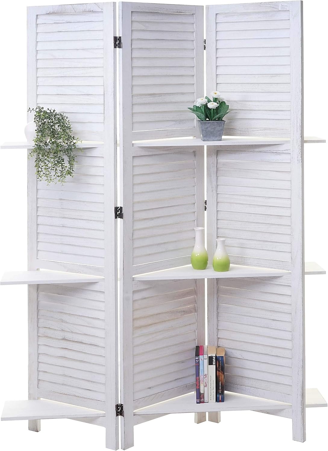 Mendler Paravent T752, Trennwand Raumteiler mit Regalböden 170x125cm, Shabby Look - weiß/weiß WW4105272