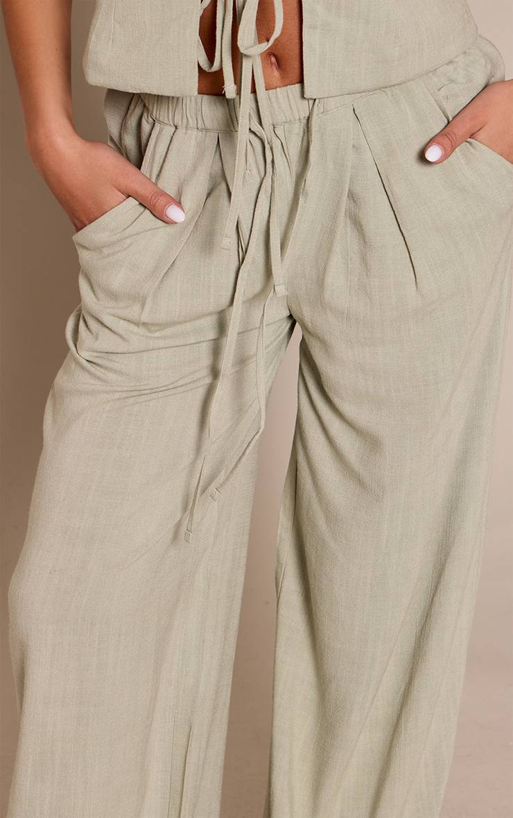 Vert Sauge Pantalon Large À Plis Devant Aspect Lin Petite Taille Ensemble Coordonné