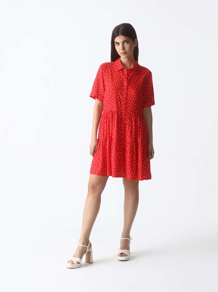 Vestido camisa evasê - Branco/vermelho