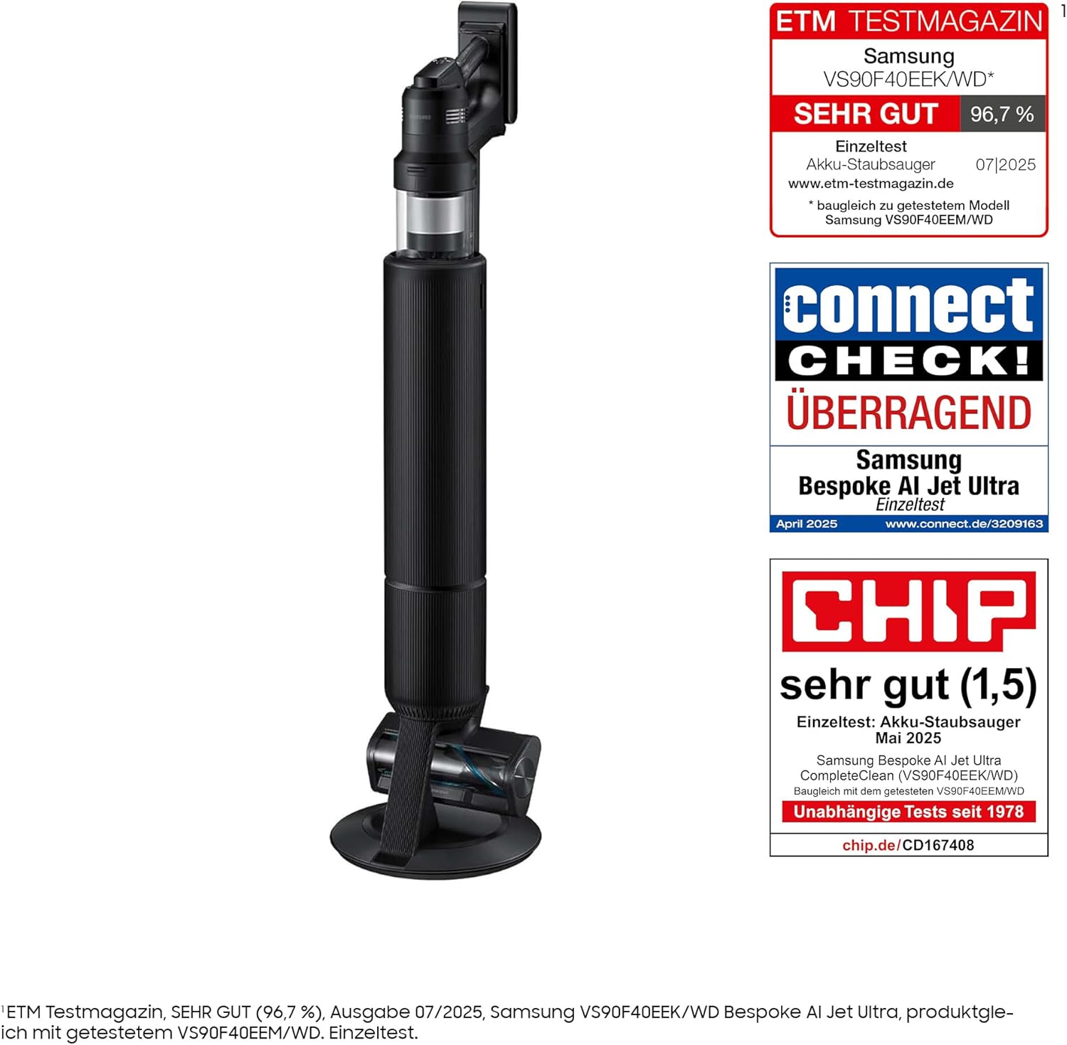 Samsung VS90F40EEK/WD Bespoke AI Jet Ultra Akku+ CompleteClean, Akku-Handstaubsauger inkl. Zubehör, 400 W, 2 Akkus, All-In-One-Station, Active Dual & Slim LED+ Bürste, Pet Tool+, Satin Black