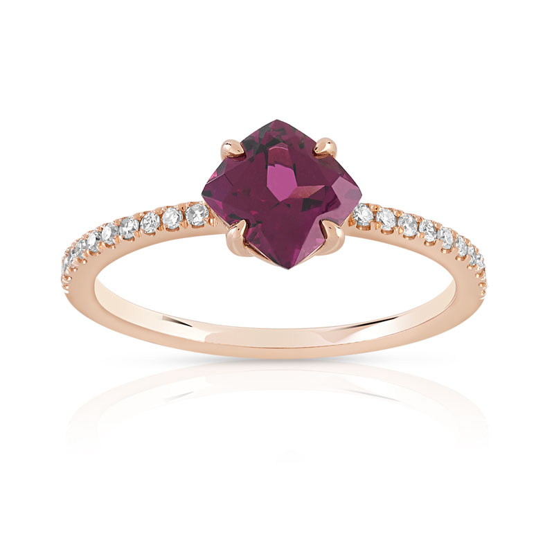 Bague or 375 rose grenat rhodolite carrée et diamants