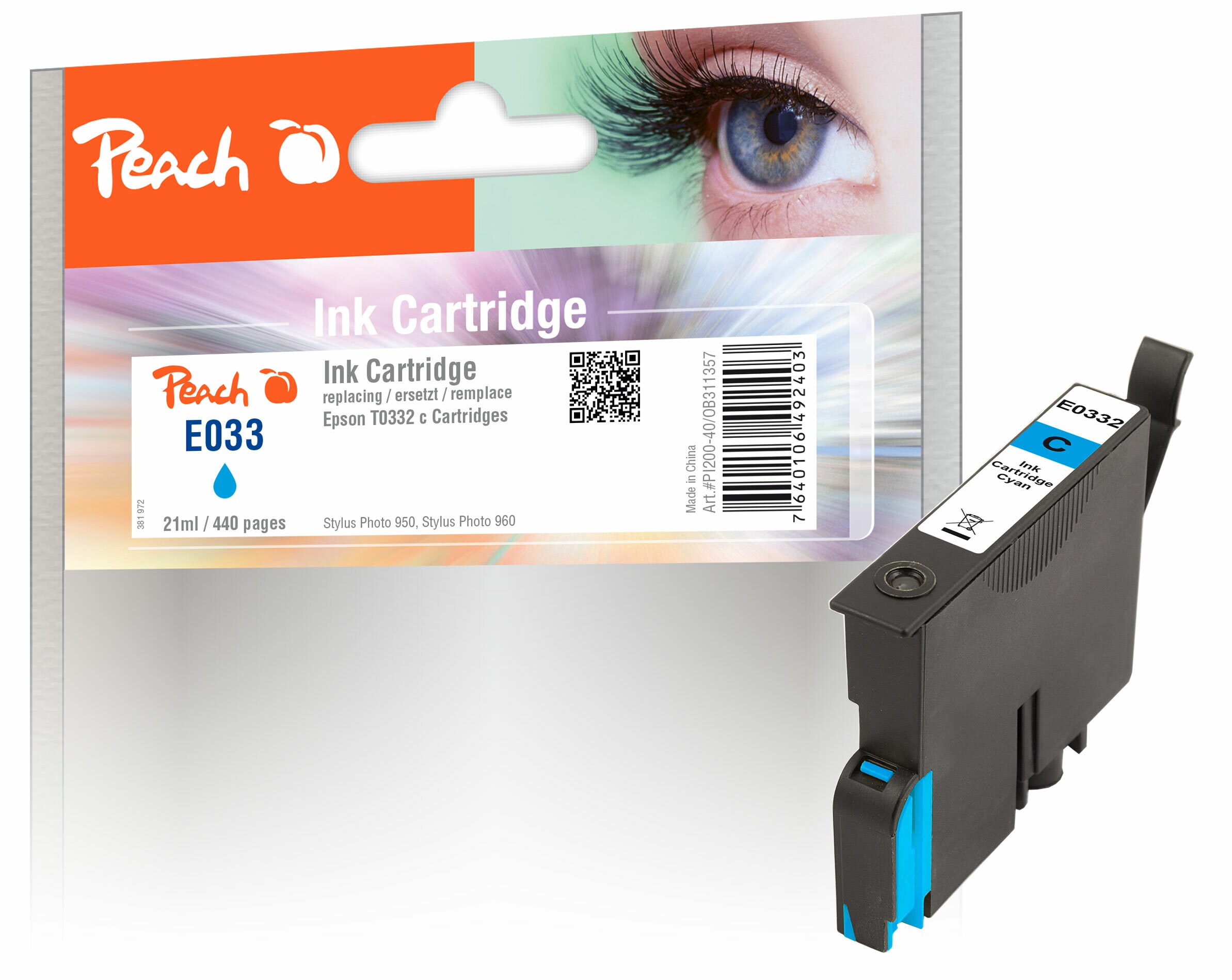 Peach E332 C Druckerpatrone cy ersetzt Epson T0332C, C13T03324010 für z.B. Epson Stylus Photo 950, Epson Stylus Photo 960