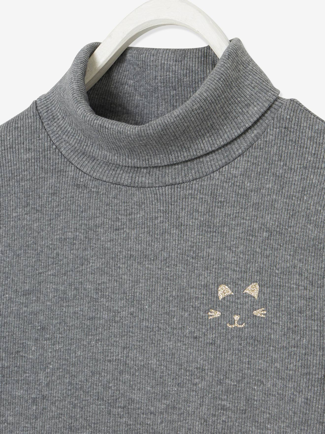 Camiseta de gola alta com estampa de gato iridescente no peito, para meninas, tamanho médio cinza mesclado
