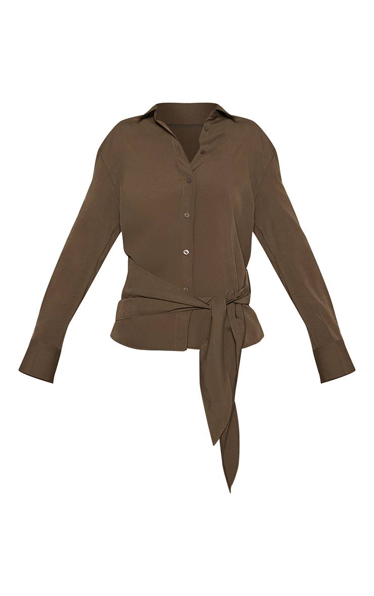 Vert Olive Foncé Chemise Oversize À Rayures Avec Taille Nouée