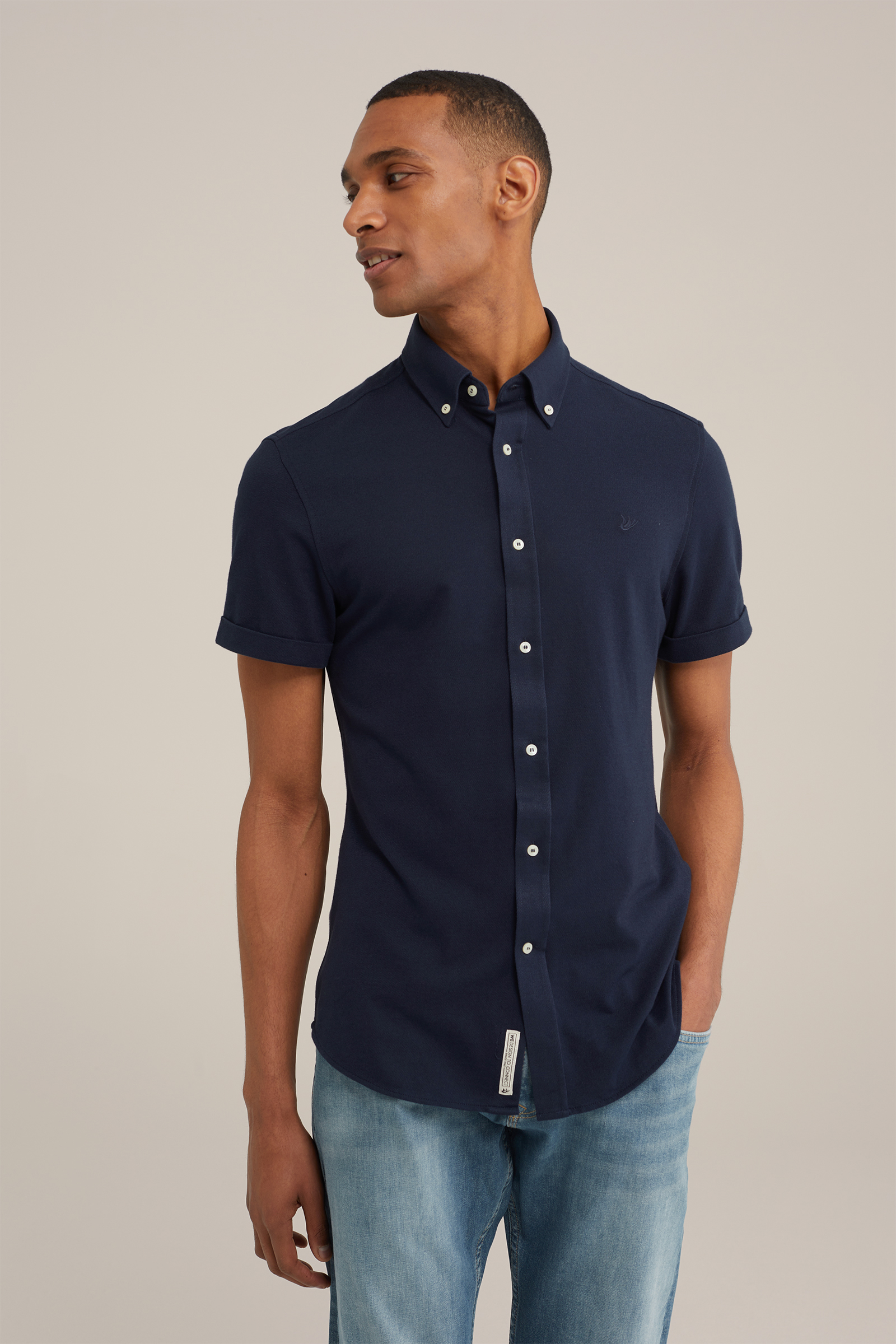 piquejersey overhemd met stretch Fundamentals Donkerblauw