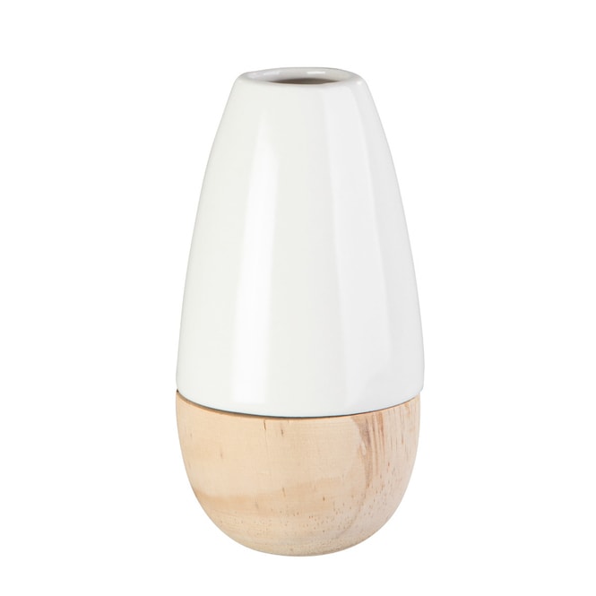 Vase weiß/braun - aus Dolomit und Holz - ca. 9 x 9 x 16 cm
