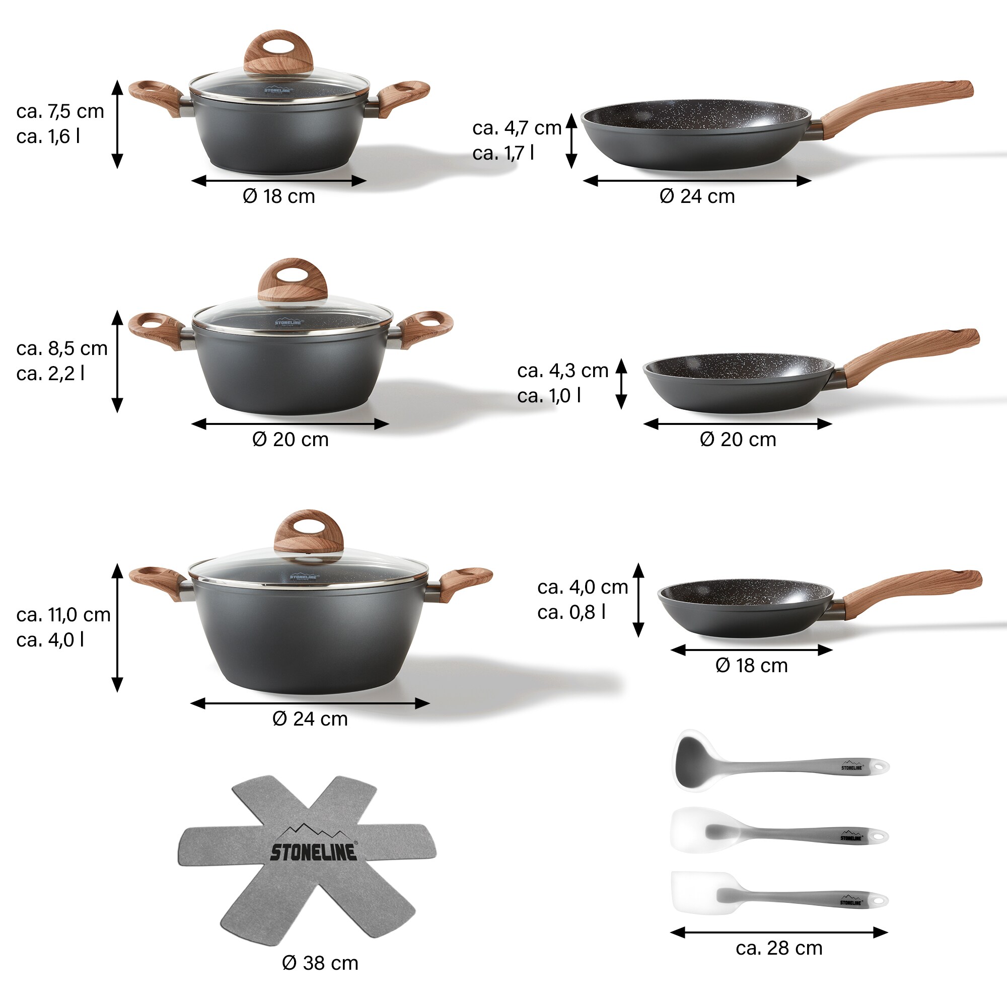 STONELINE® CERAMIC Back to Nature Kochgeschirr-Set, 14-tlg., Keramik-Beschichtung, mit Glasdeckeln