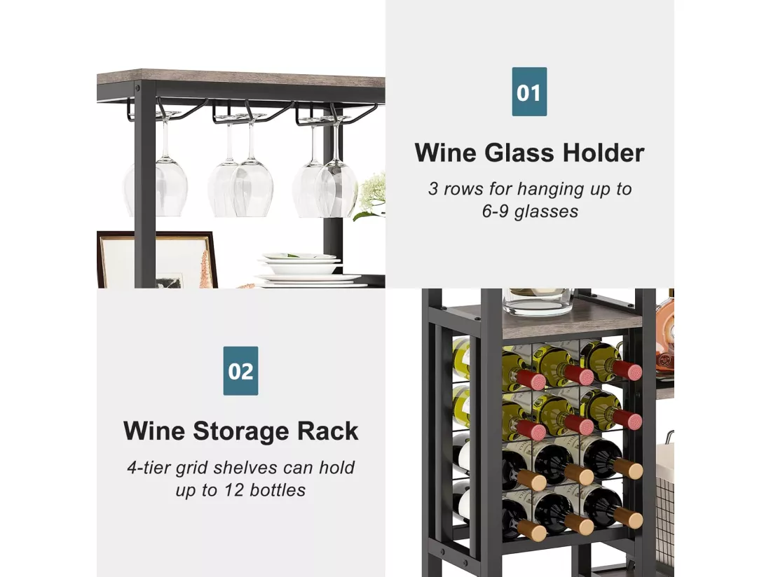 Étagère à vin autoportante à 5 niveaux avec support pour verres et rangement de vin, gris