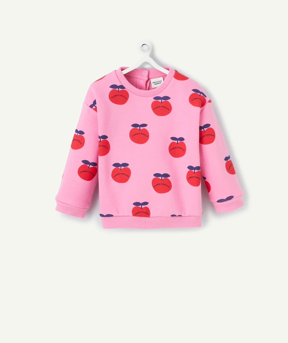 SWEAT BÉBÉ FILLE EN FIBRES RECYCLÉES ROSE AVEC IMPRIMÉ POMMES