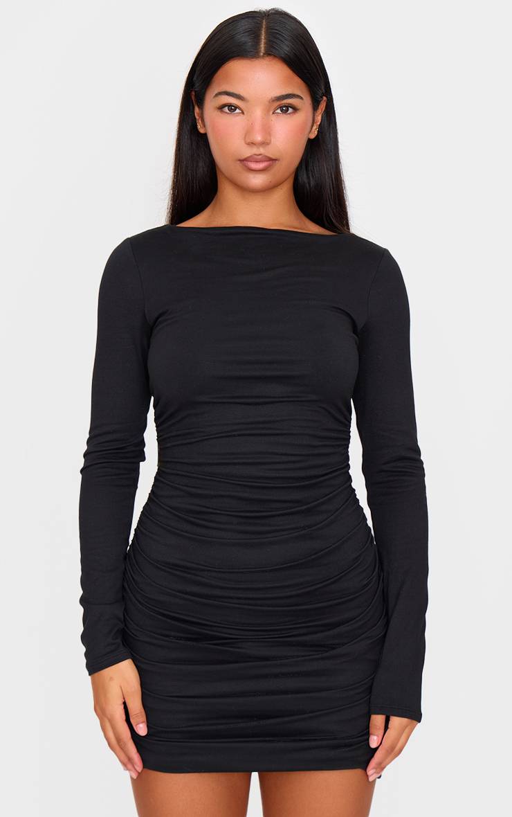 Noir Robe Moulante À Manches Longues Avec Détails Froncés Double Contour
