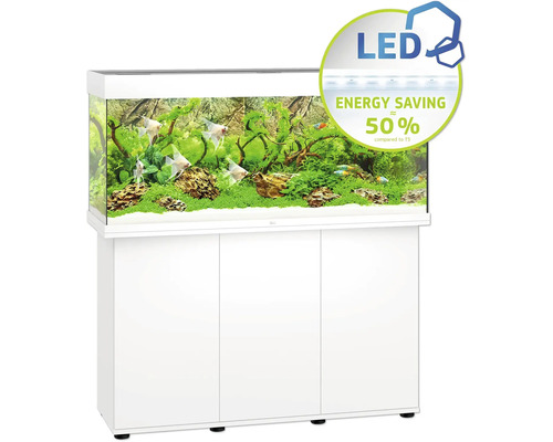 JUWEL Rio 240 SBX aquariumcombinatie met LED-verlichting, verwarming, filter en witte kast inclusief starterset met omgekeerde osmose-installatie, Easy Life verzorgingsset, tropische voeding, grind, Deponit Mix, digitale thermometer, grindzuiger, pla