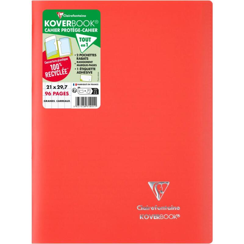 Cahier piqué Koverbook A4 96 pages grands carreaux couverture polypropylène opaque 100% recyclé - Assortis