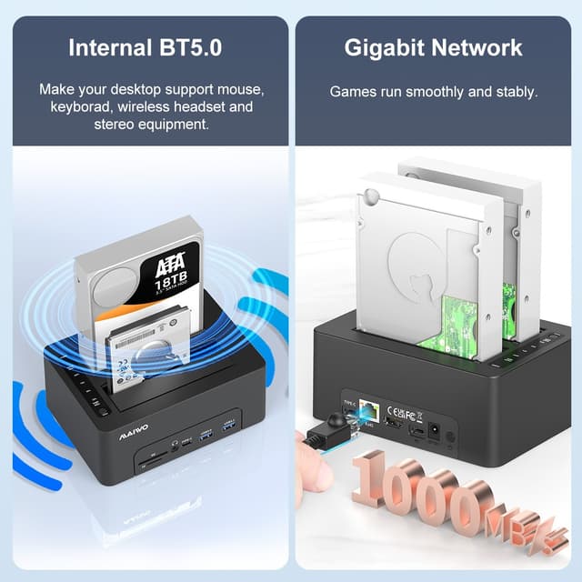 Maiwo HDD Dual dockingstation med klon 10Gbps HDMI 4K60Hz Giga Lan kortlæser SD og MicroSD USB HUB 2xUSB-A og 2xUSB-C