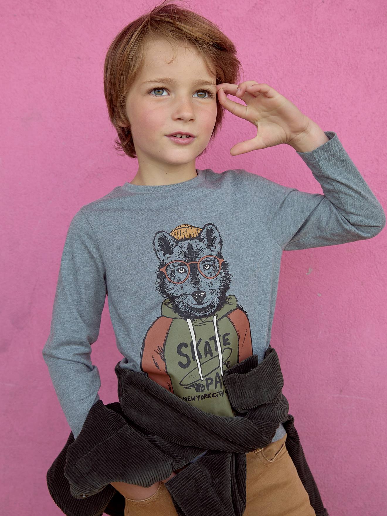 Camiseta divertida com estampa de gato, para meninos, cáqui.