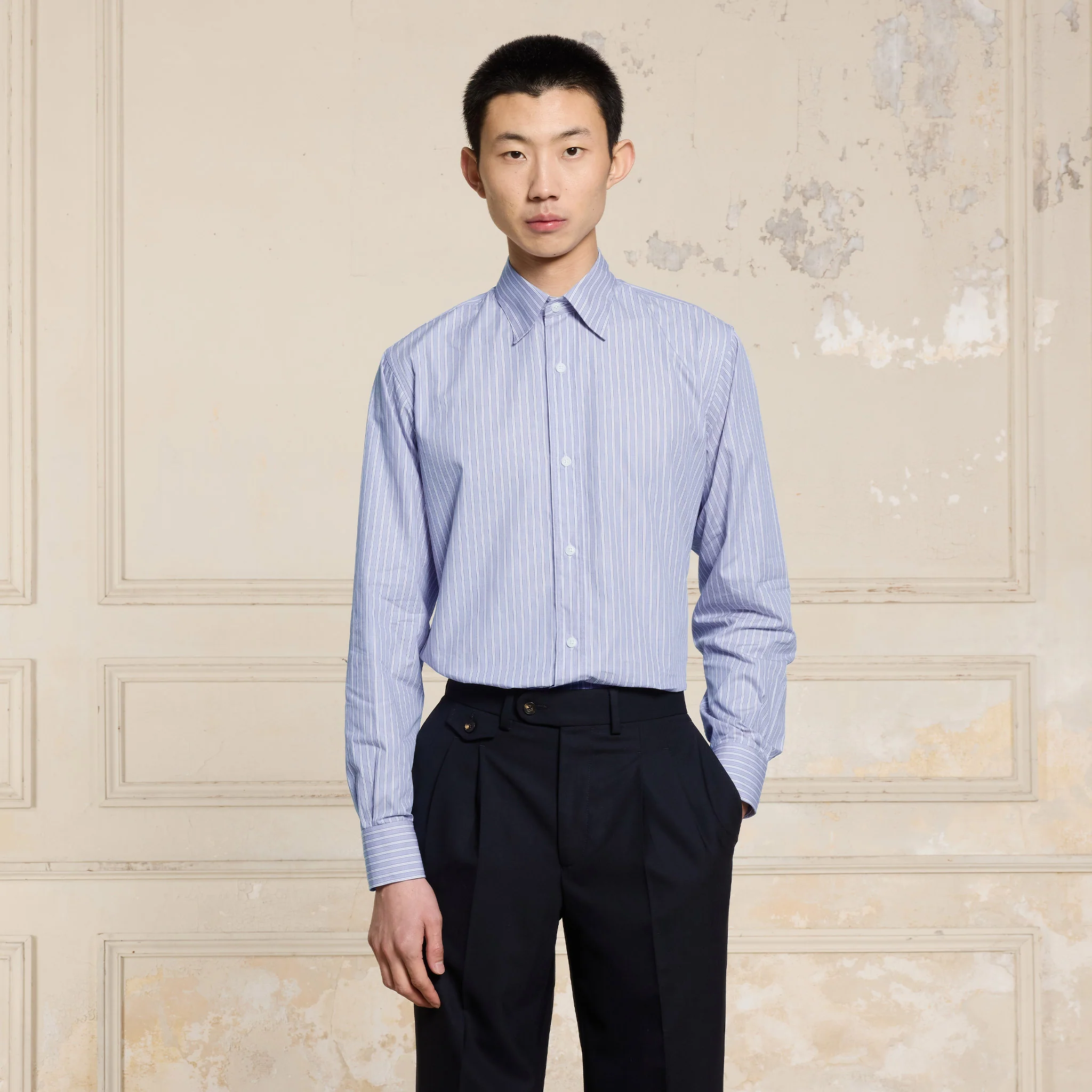 Blue striped poplin shirt