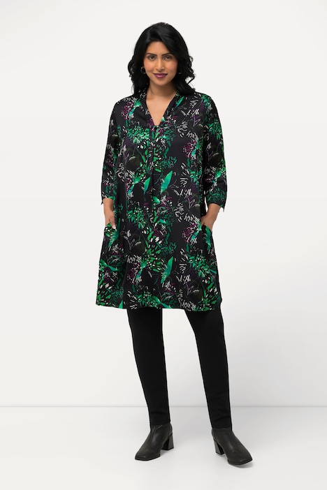 Long-Tunika, Satin, V-Ausschnitt, Schluppe, 3/4-Arm