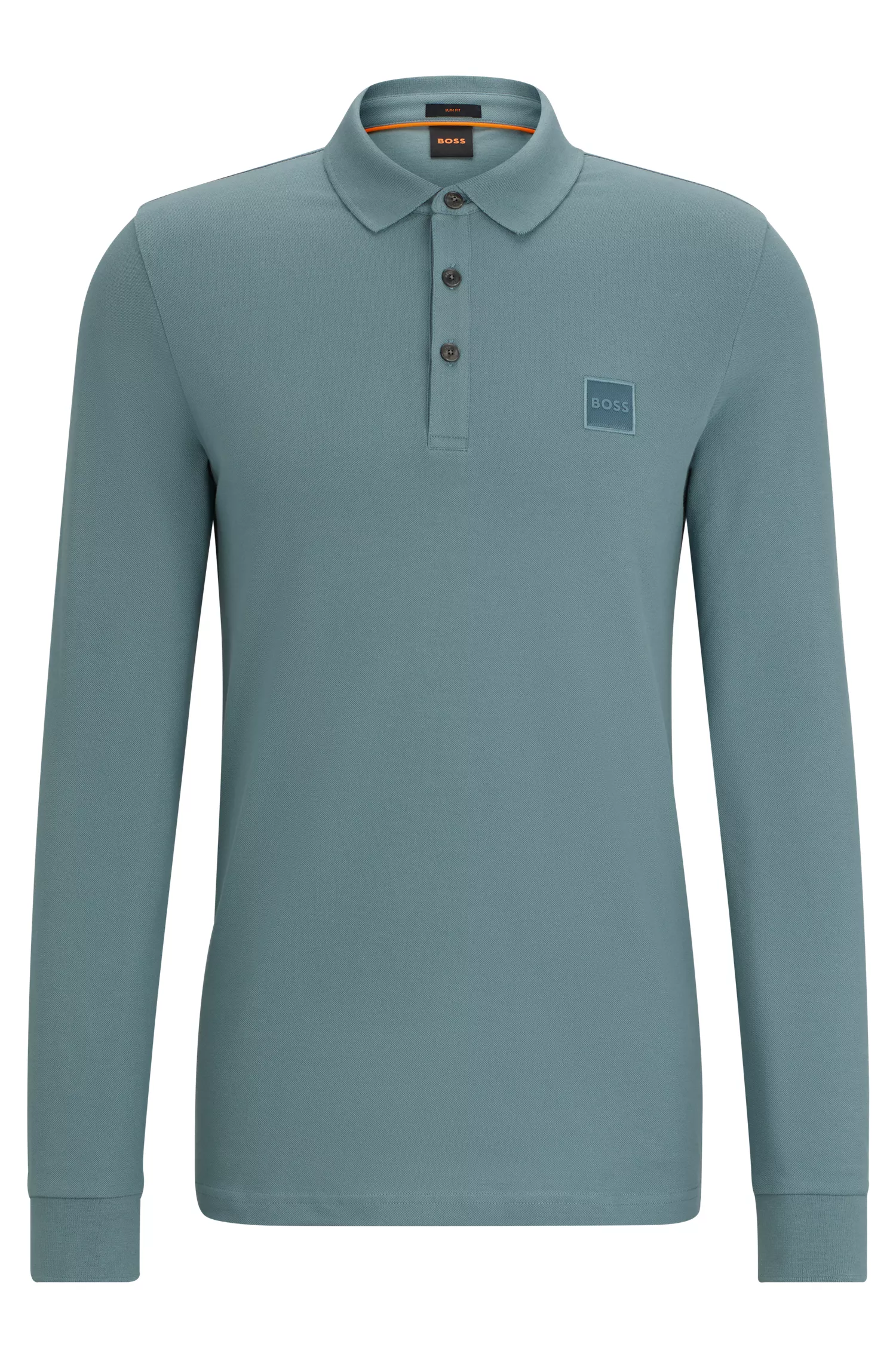 Camisa polo BOSS laranja de manga comprida e corte slim com etiqueta de logotipo.