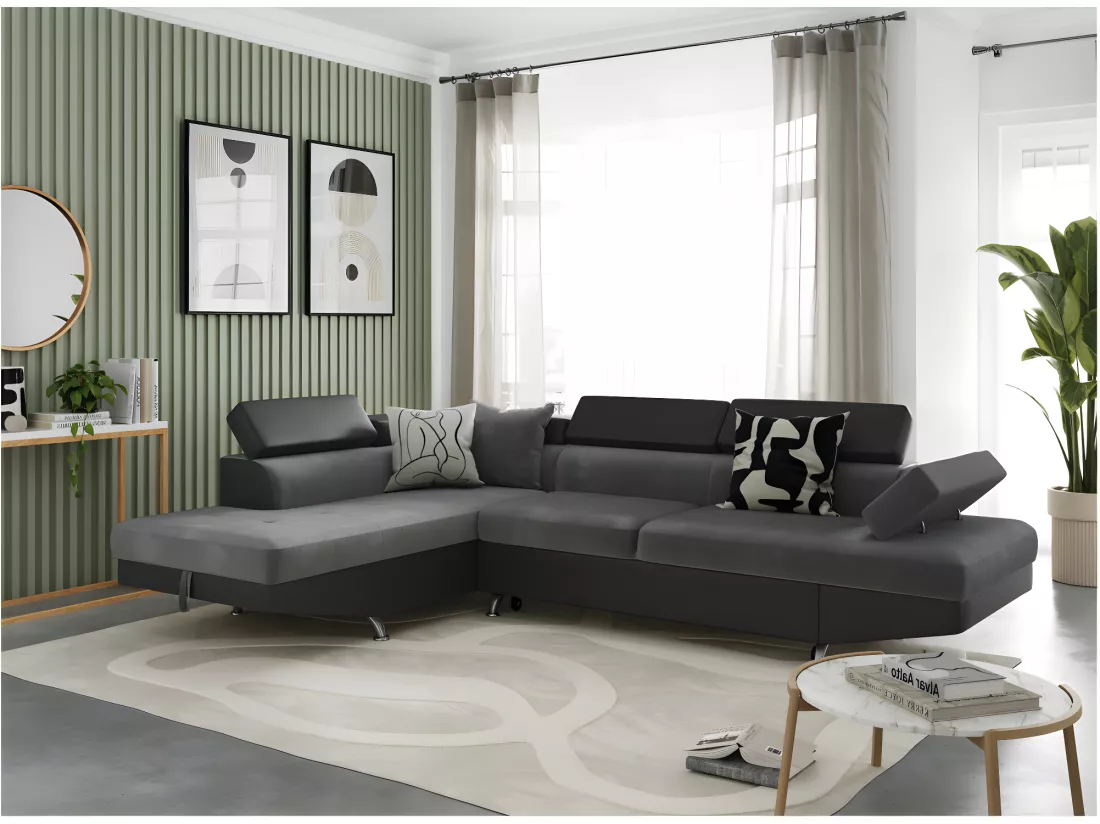 Canapé d'angle gauche 5 places Rio Convertible avec coffre en microfibre et simili - Gris/Noir - L271 x P192 x H70cm - Loungitude