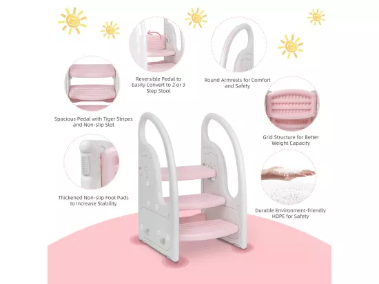 Marchepied Enfant 3 Marches Antidérapant pour Apprentissage de la propreté, Tabouret Bébé Rose et Beige, Structure Triangulaire, Rehausseur Stable