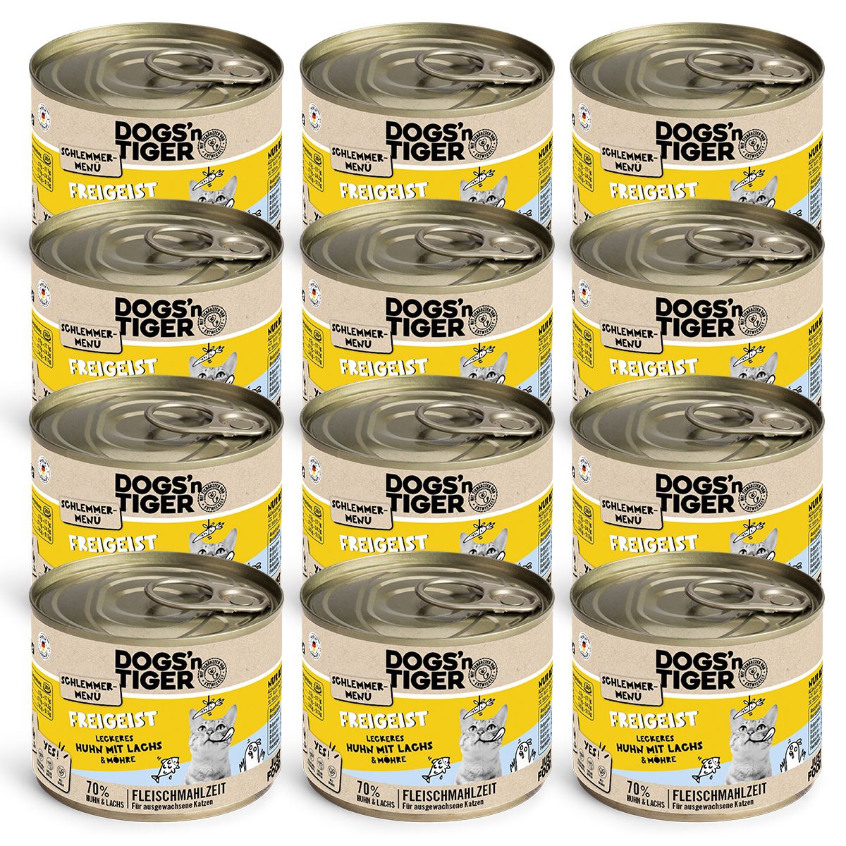 Dogs’n Tiger Adult, Katzenfutter, Freigeist, Katzen Nassfutter, Getreidefrei, Huhn, Lachs & Karotte