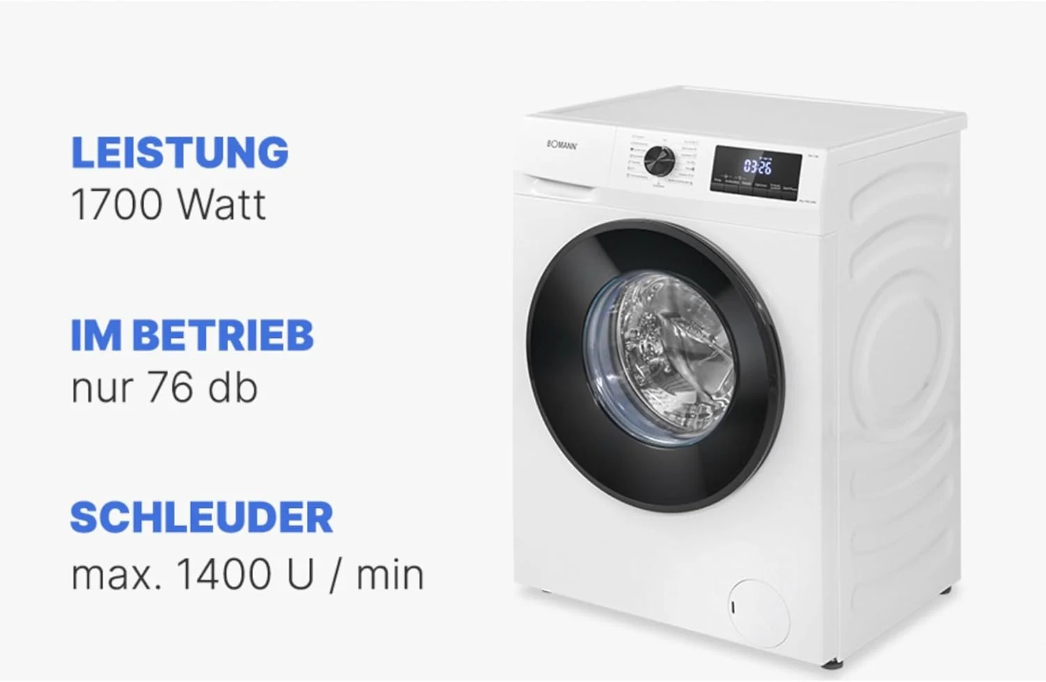 Bomann Machine à laver | 7kg | max 1400 tours | Garantie moteur 10 ans | Moteur inverter efficace, silencieux et durable | 15 programmes | Présélection du temps de fin | Affichage LED | Machine à