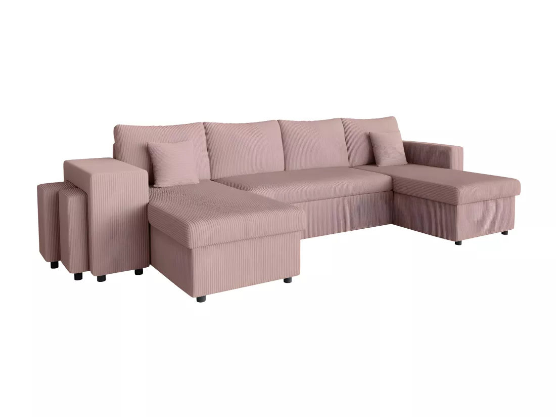 Canapé panoramique Oslo convertible avec 2 coffres, 2 poufs à gauche en velours côtelé rose - L311 x P146 x H81cm - Loungitude