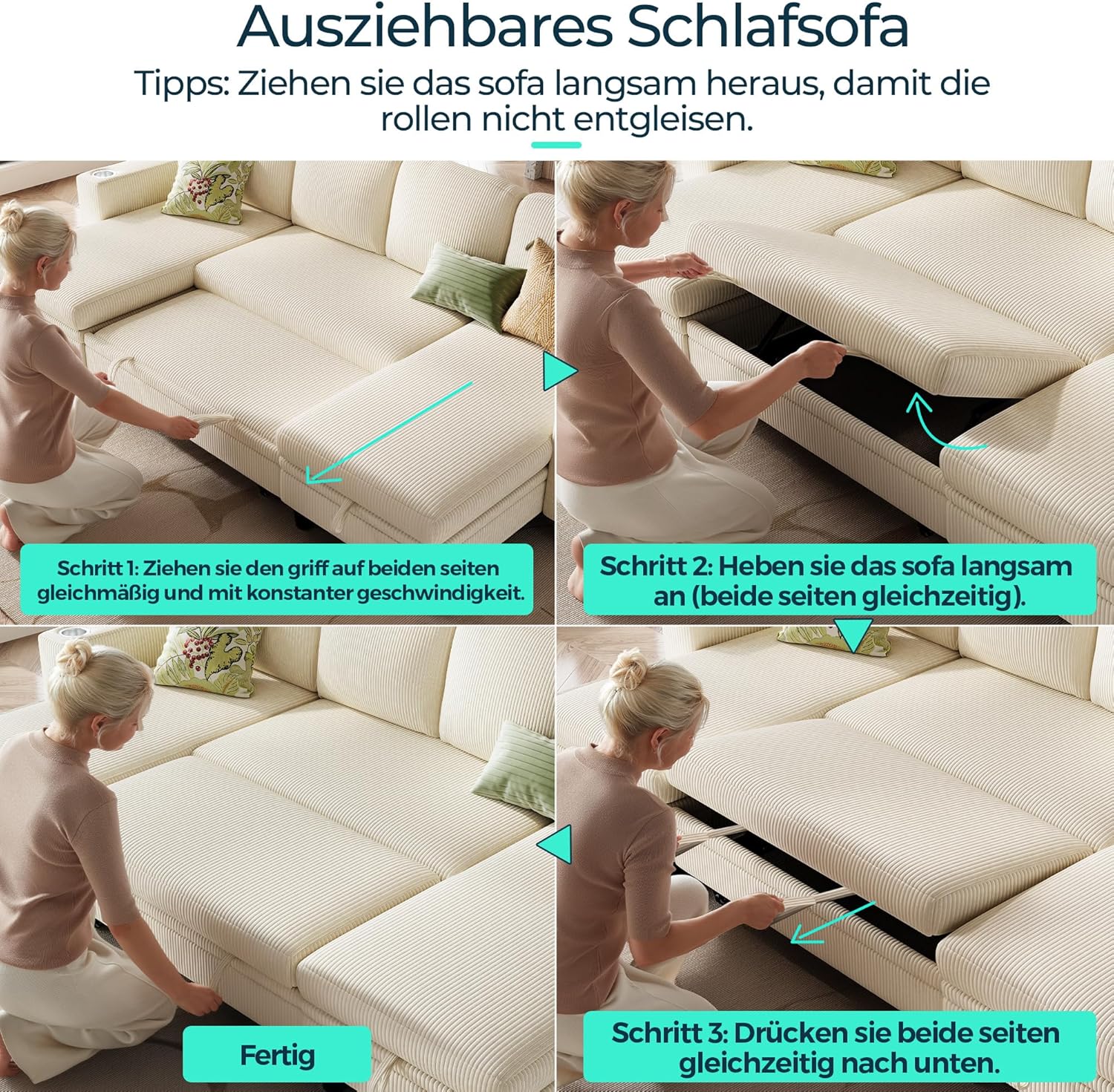 LINSY HOME Schlafsofa Ausziehbarer Couch, Ecksofa mit Schlaffunktion, Stauraum, Cord-Bezug L-Form Modulare Sofas mit Chaiselongue für Wohnzimmer und Wohnungen (Beige, L-Form)