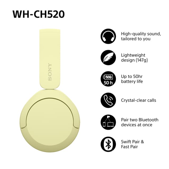 Sony WH-CH520 trådløse on-ear høretelefoner (gul)