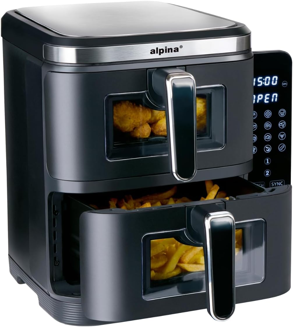 alpina Double Airfryer XXL - Heißluftfritteuse 11L - Air Fryer mit 2 Kammern - Duo Backofen für 8 Personen - Faltbares Display - Timer-Funktion bis zu 60 Minuten - Temperatur 60-200°C - Schwarz