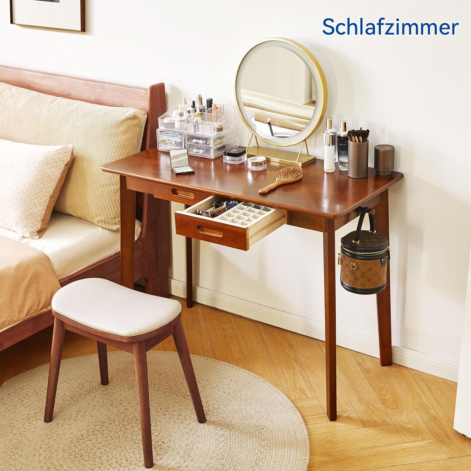 Schreibtisch aus Massivholz, Kleiner Bürotisch mit Schubladen, 100 x 50 x 75 cm, Computertisch mit Stauraum und Kleiderstange für das Home Office, Rustikales Braun YD-WD01H