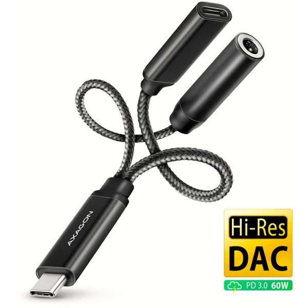 AXAGON Adaptador Áudio USB-C 3.5mm (F) conector Hi-Res DAC 32bit 384kHz PD 60W 3A