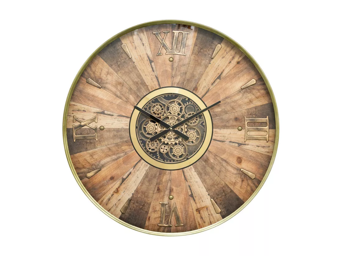 Grande Pendule murale Marron style industriel avec rouages mobiles D 80 cm