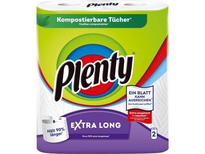 Plenty Haushaltspapier Extra Long 2 Rollen à 86 Blatt Kompostierbare Tücher für die Hygiene im Haushalt