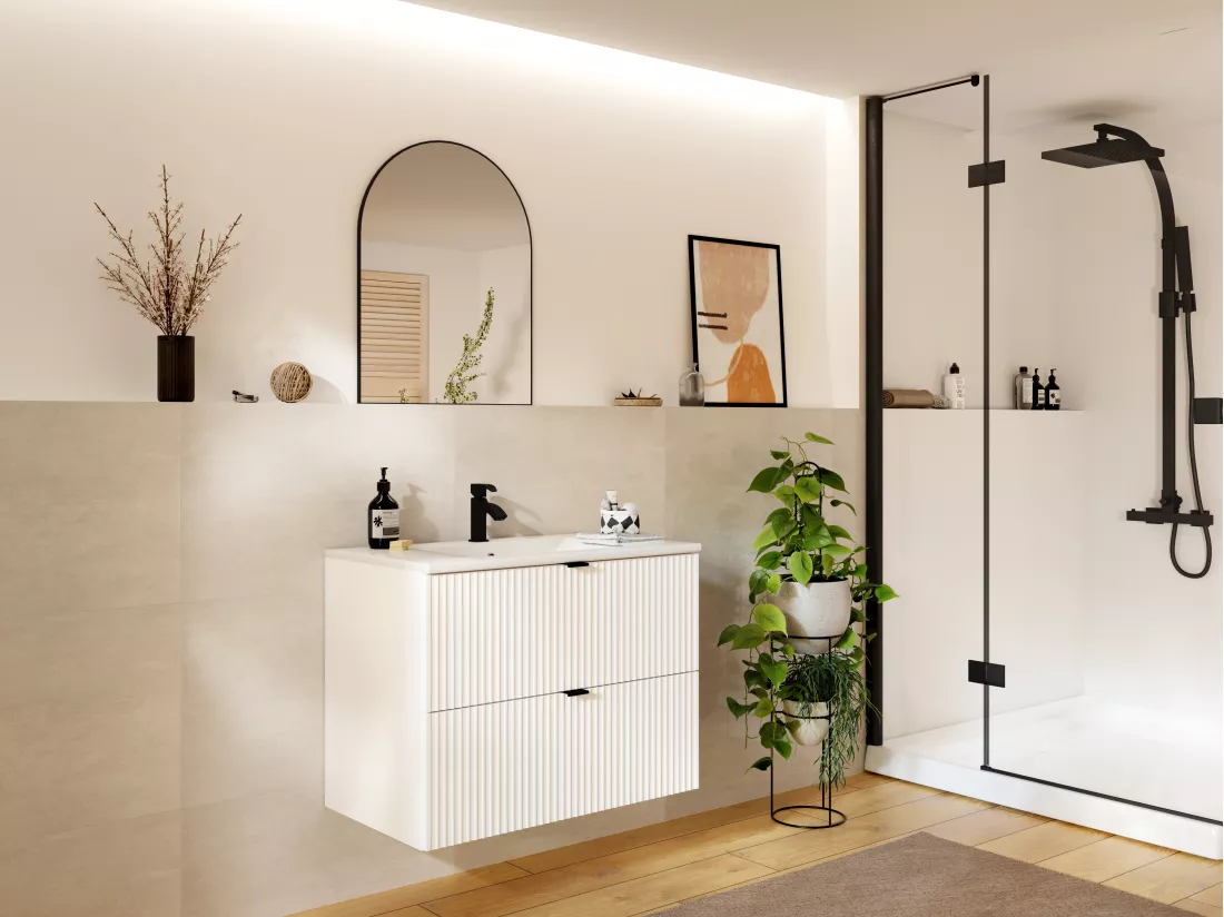 Meuble de salle de bain suspendu strié avec vasque à encastrer - Blanc mat - 80 cm - ZEVINI