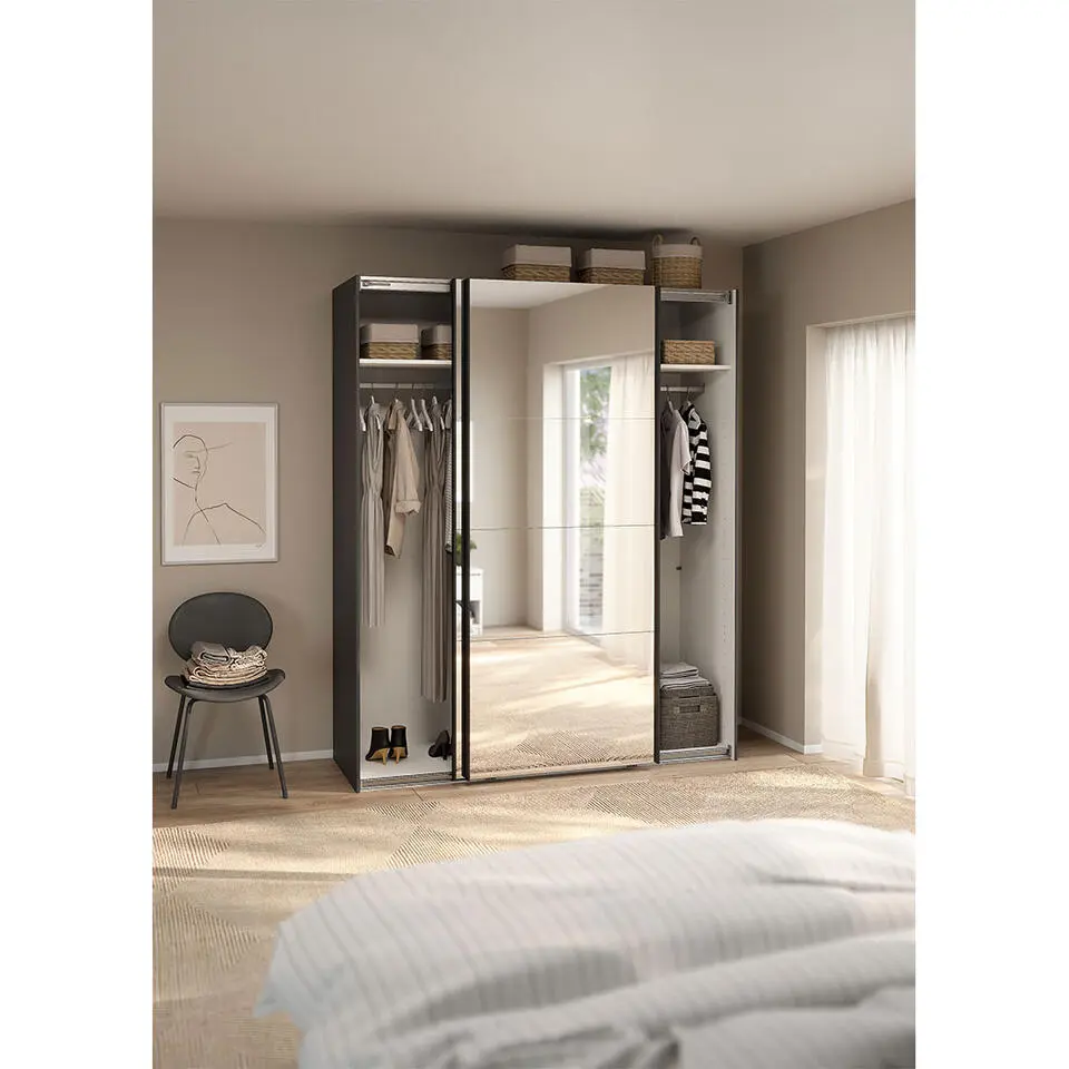 Hioshop Catania schuifdeurkast 2 deuren met spiegel 180x220cm mat grijs