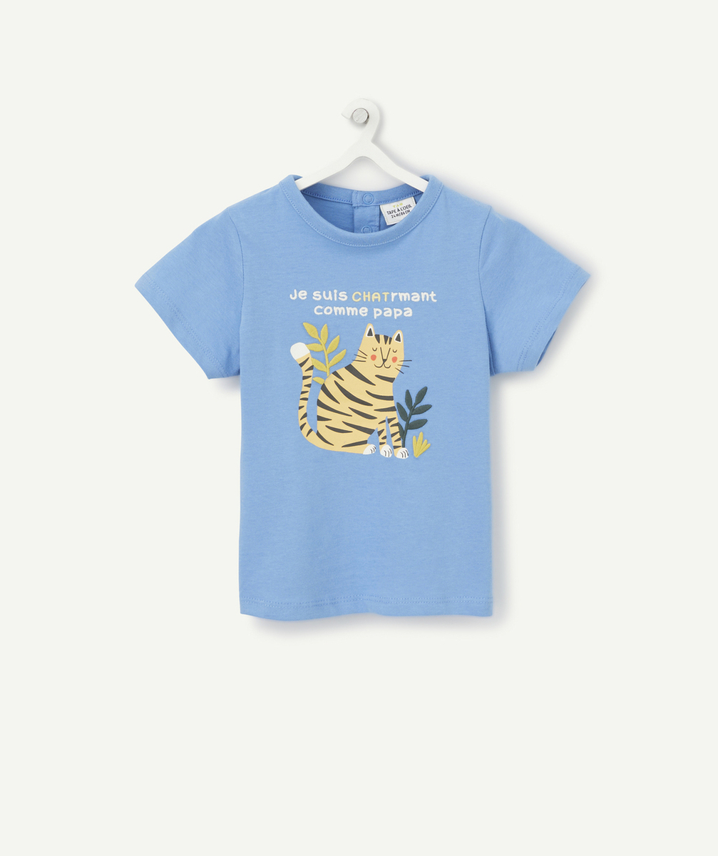 T-SHIRT BÉBÉ GARÇON EN COTON BIO BLEU MOTIF CHAT