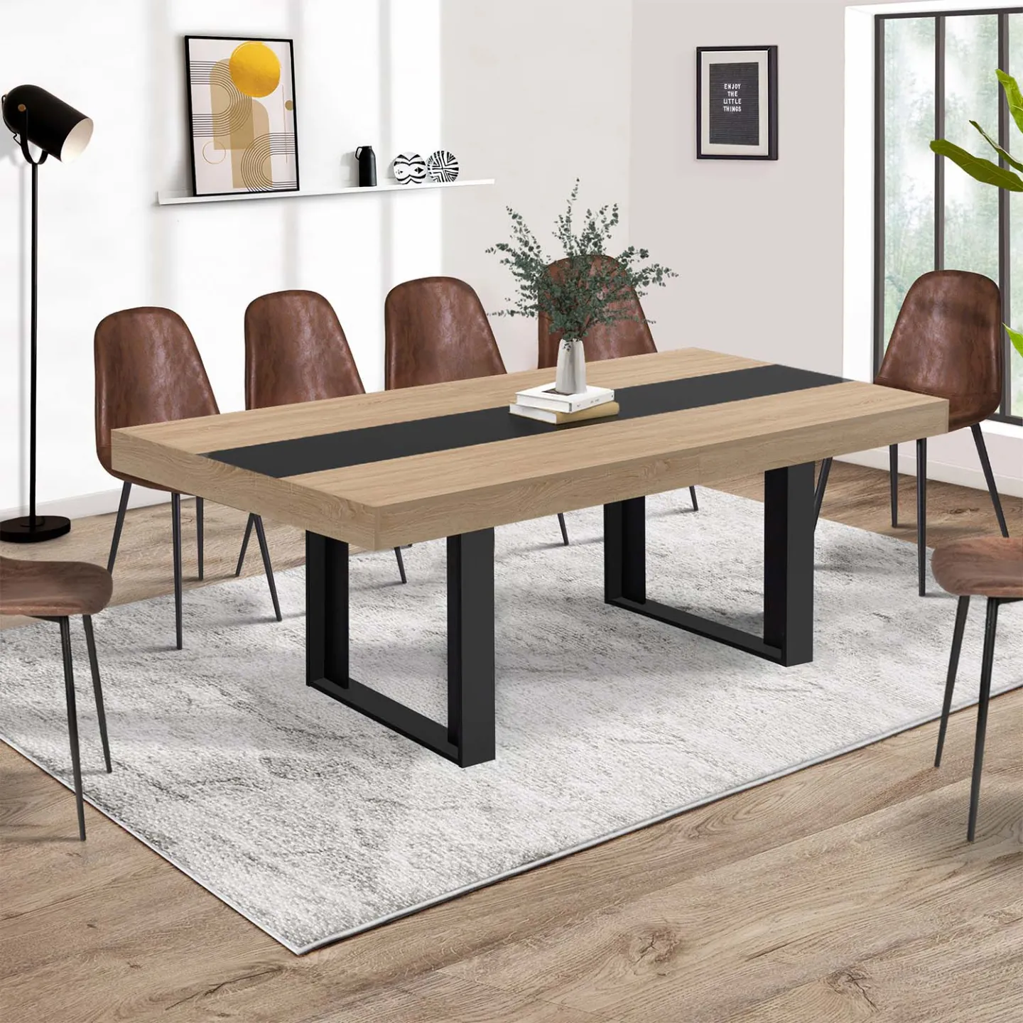 Table à manger extensible rectangle PHOENIX 6-12 personnes bois et noir bande centrale noire 200-300 cm