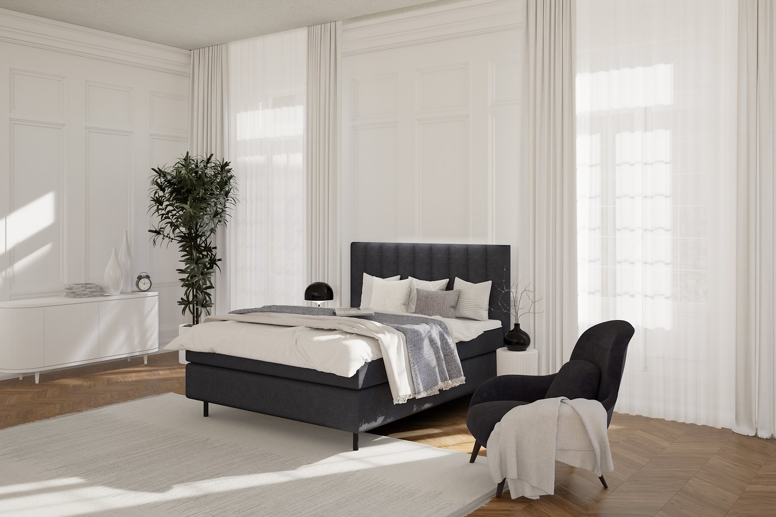 Premium 14 kontinentalseng 180x210 cm i tekstil Bris 169 sort med fast/fast fasthet, Premium 14 overmadrass og runde sorte ben 15 cm