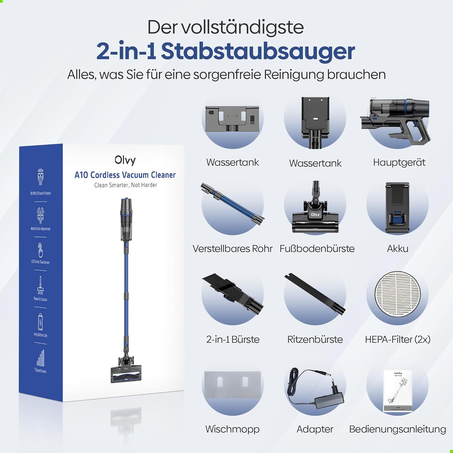 Olvy Akku-Staubsauger mit Wischfunktion, Tierhaare/Teppiche/Hartböden, Kabelloser 2-in-1, ohne Beutel, 35KPA Saugleistung, 5 Stufen, LED-Display, Leichter Staubsauger mit HEPA-Filter & Zubehör