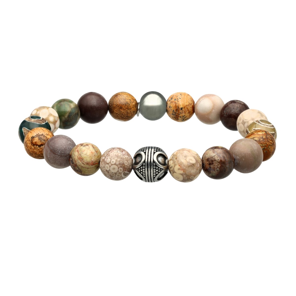 Bracelet Acier Pierres Naturelles Perles Rondes Agate Indienne Agate Nacre Marron Et Rouge-Large-20cm