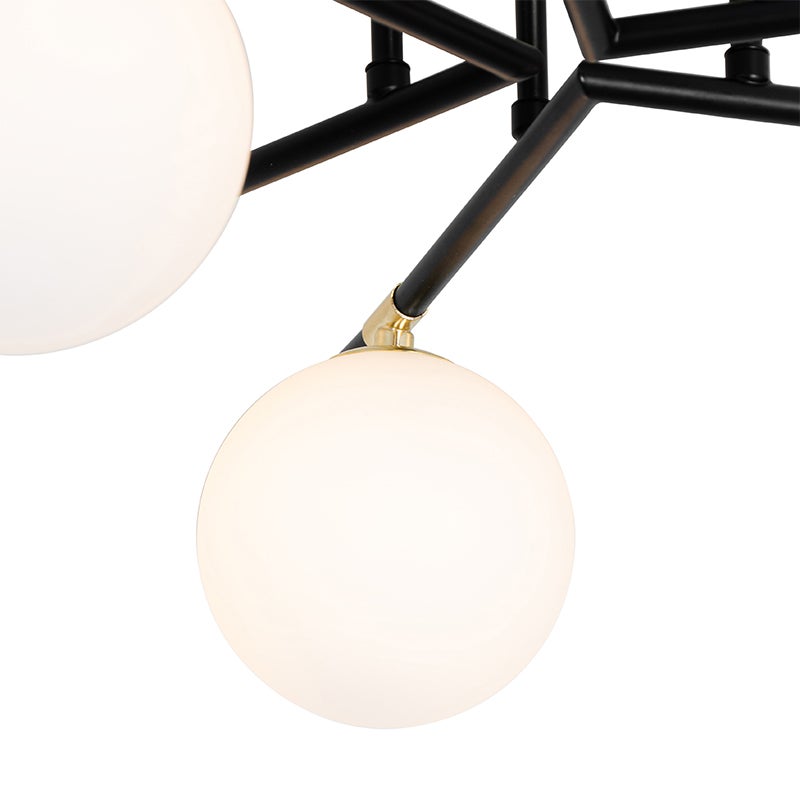 Zwarte plafondlamp met goud en opaal glas, 6 lampen - Lynn