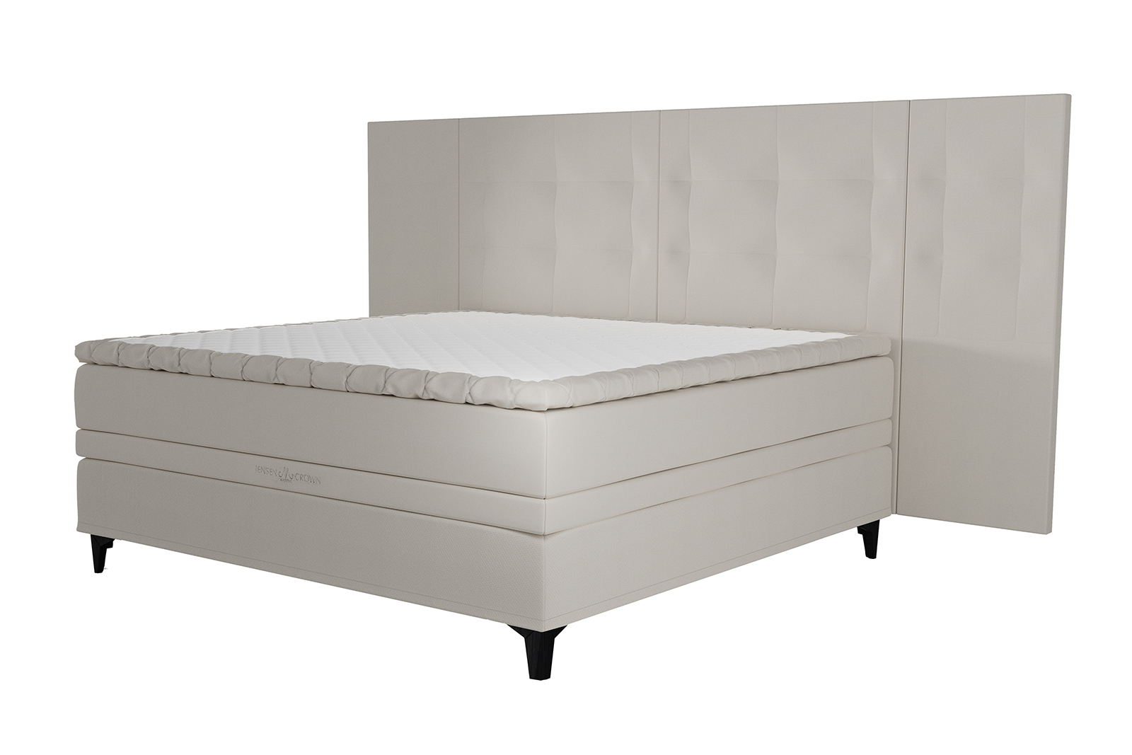 Majestic Crown kontinentalseng 210x210 cm i tekstil 211/221 elfenben med Majestic overmadrass og Exact funksjon. Fast/fast fasthet, seamless utførelse og Eicon ben sort med støtteben. Uten hodegavl