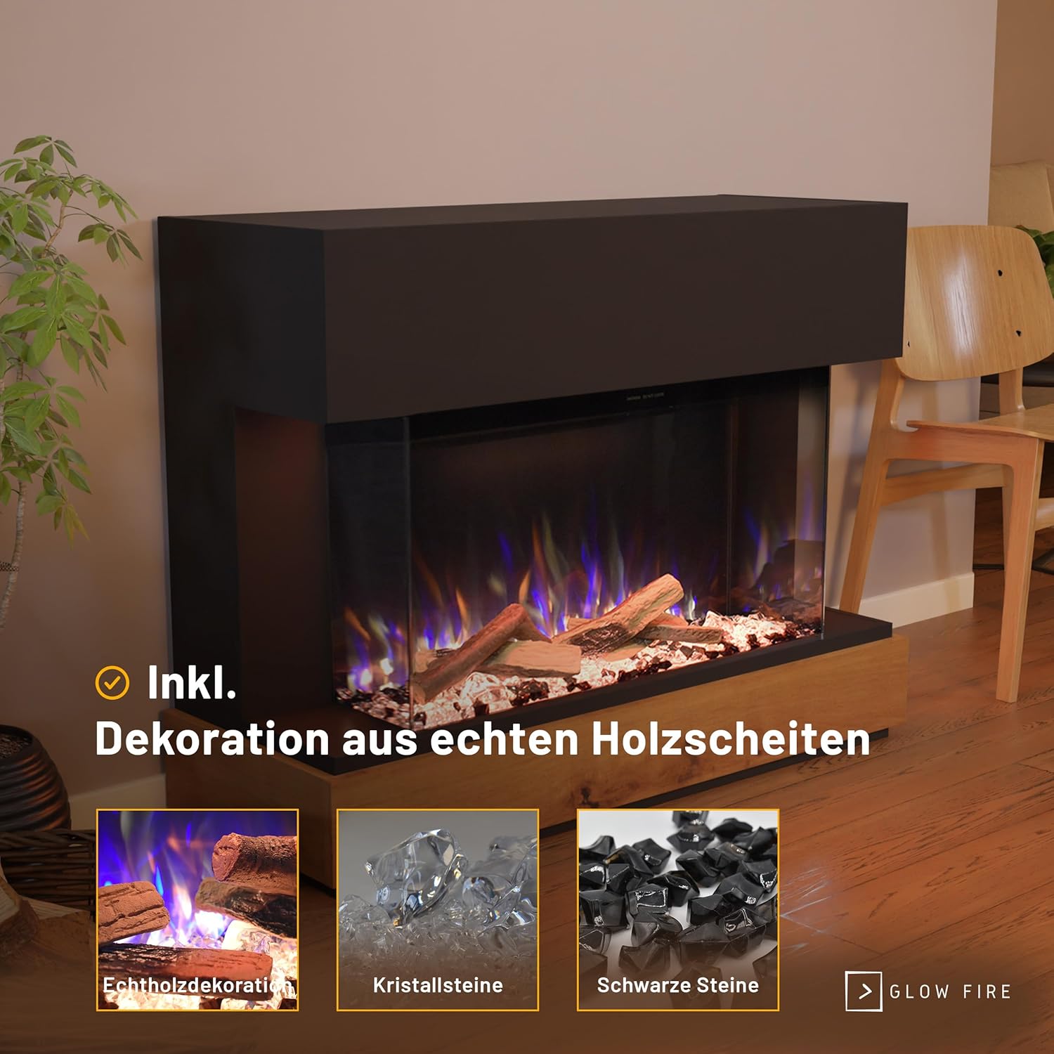 GLOW FIRE Kaminofen Curie mit realistischem 3D E-Motion LED-Feuer - Stand-Elektrokamin mit Heizung, Kaminfeuer & Timer, max. 1500 W, 114x89x41,5, Schwarz